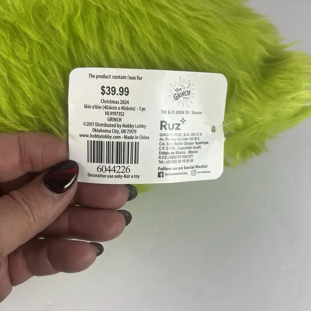The Grinch Dr. Seuss Throw Pillow Green Faux Fur Face Holiday Christmas Ruz